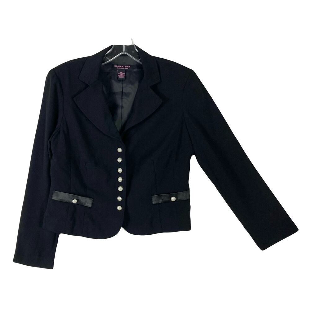 NWOT SIGNATURE by ROBBIE BEE Blazer 10P Black Pearl-Button Satin-Trim Faux-Pockt